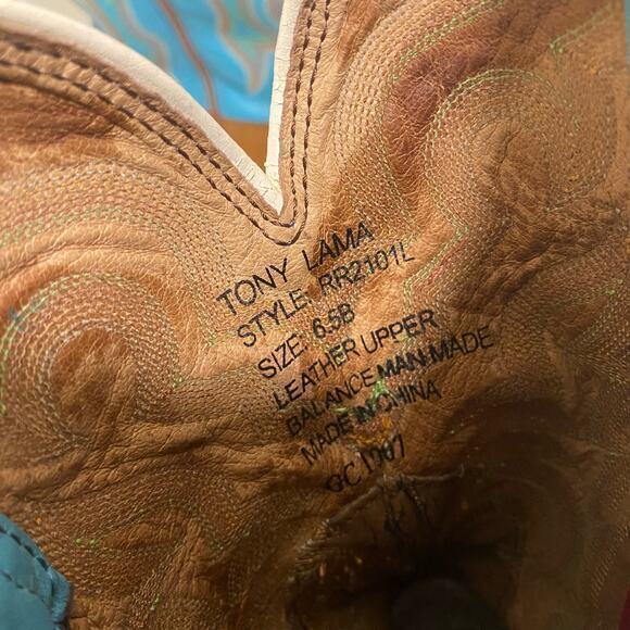 Tony Lama Brown and Blue Ankle Boots with Western Flair - Picture 10 of 10